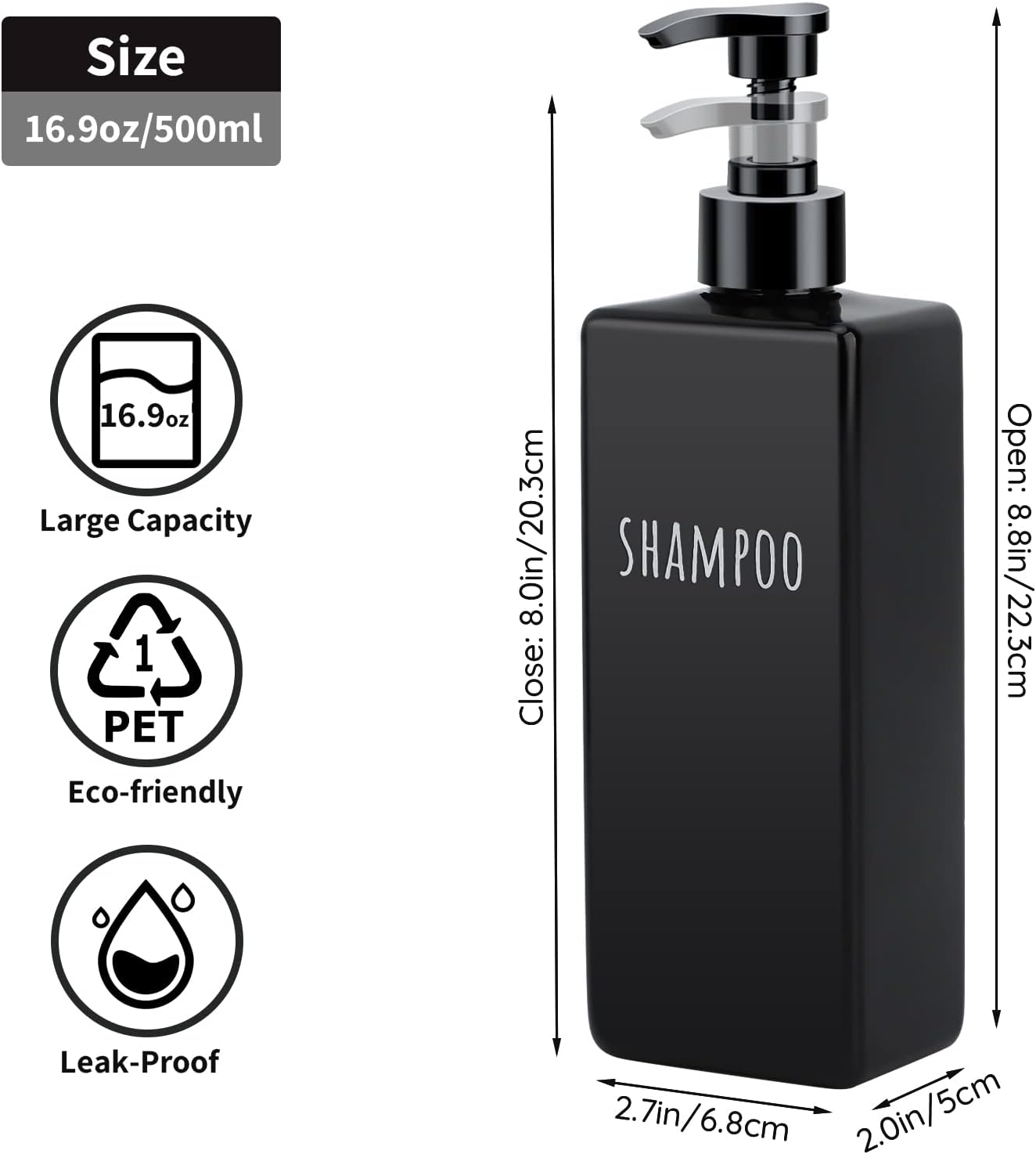 Segbeauty Plastic Square Soap Dispenser Black, 3pcs 16.9oz Refillable Shampoo and Conditioner Bottles, 500ml Empty Reusable Pump Bottle Bathroom Shower Dispenser Set for Body Wash Liquid Gel Lotion