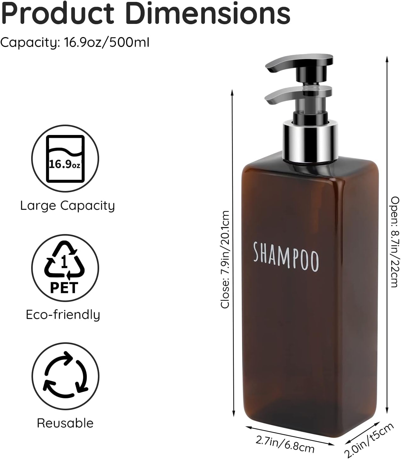 Segbeauty Shampoo and Conditioner Dispenser, 3 Packs 16.9oz Refillable Bathroom Soap Dispenser Set, 500ml Plastic Square Shower Press Pump Bottles Liquid Lotion Dispenser for Kitchen Sink Amber
