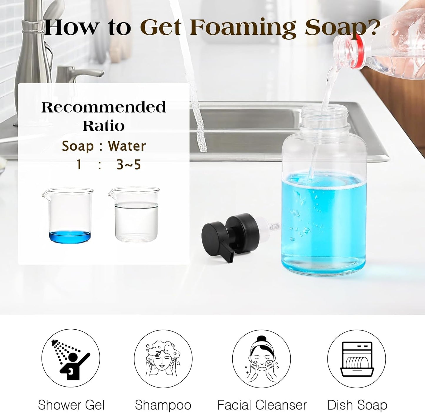 Luxspire Foaming Soap Dispenser, Glass Foam Pump Soap Dispenser, Non-Slip Hand Soap Dispenser with 5 Waterproof Labels, 15 Oz Refillable Liquid Soap Dispenser for Bathroom & Kitchen, Clear, 1 Pack