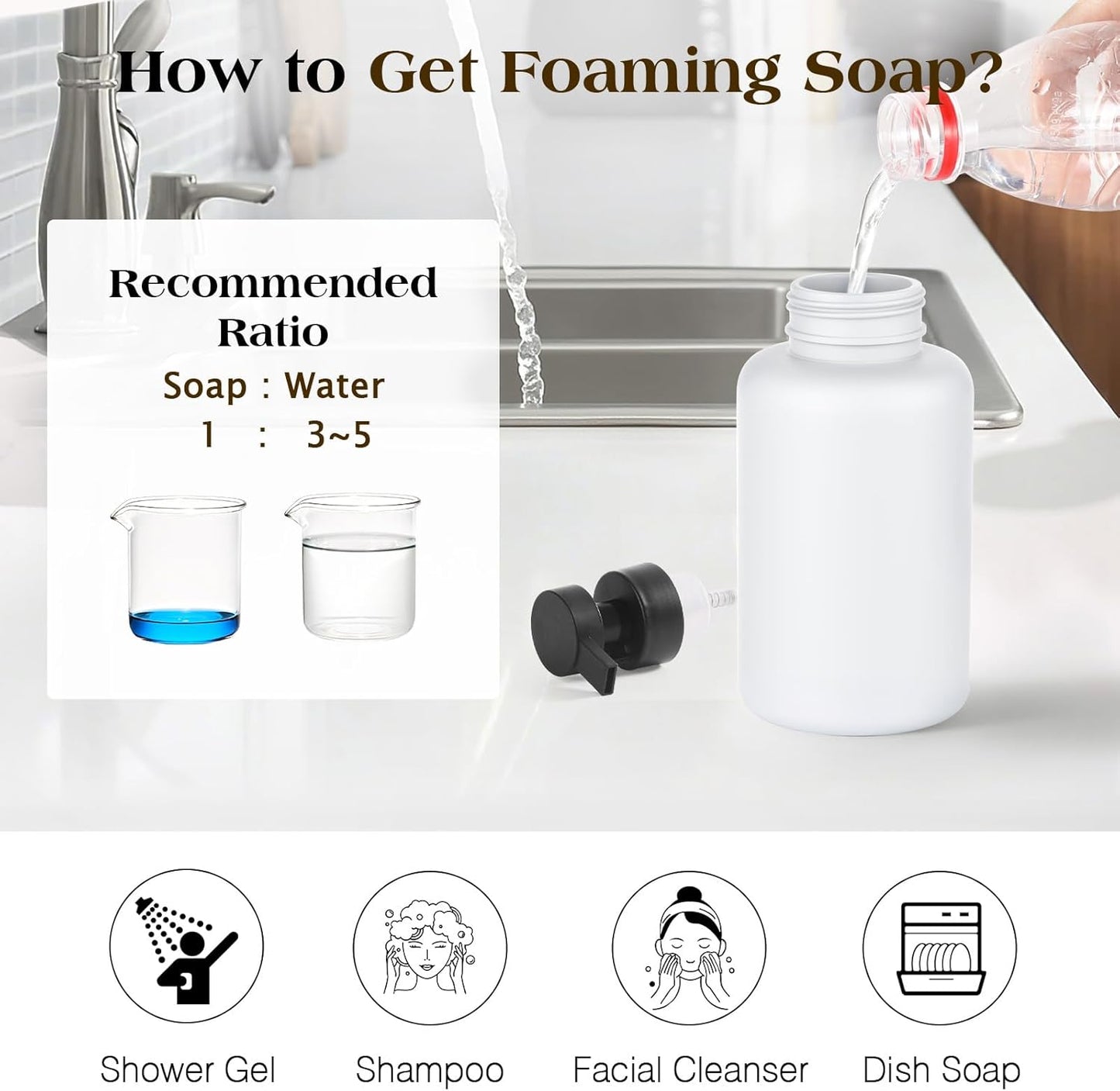 Luxspire Foaming Soap Dispenser, Glass Foam Pump Soap Dispenser, Non-Slip Hand Soap Container with 5 Waterproof Labels, 15 Oz Refillable Liquid Soap Holder for Bathroom & Kitchen, White, 1 Pack