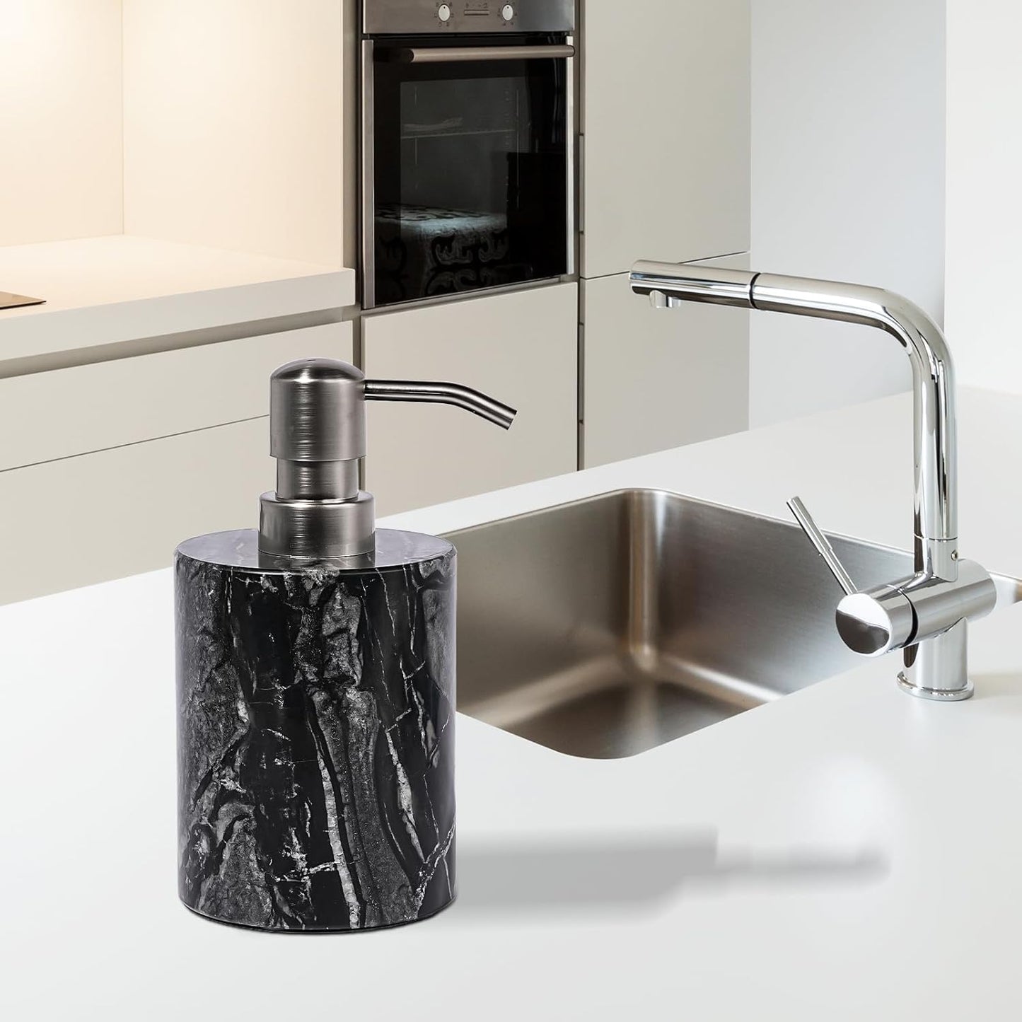 Marble Soap Dispenser with Stainless Steel Pump, Black Hand Liquid Soap Dispenser, 6 Ounces for Bathroom