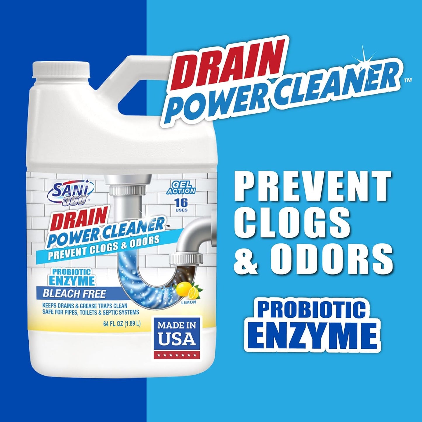 SANI 360° Drain Power Cleaner, Enzyme Gel Formula, Deodorizer, Stops Clogs, Odor, Grease, Soap Scum, Save Money on Plumbing, Safe for Pipes and Septic, Made in the USA, 16 Uses, Lemon Scent