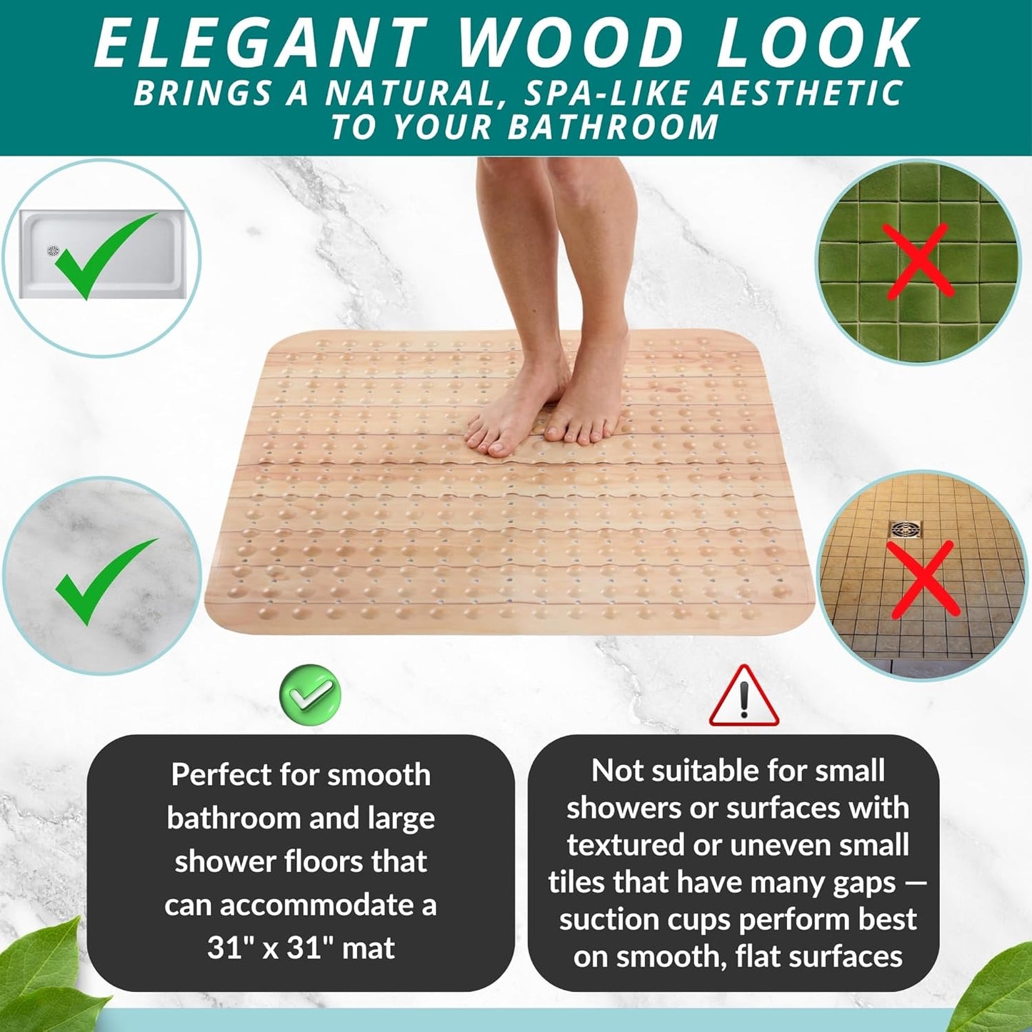 ENKOSI Extra Large Square Non Slip Shower Mat - 31 x 31-inch XL Bathroom Shower Mat - Square Shower Mats for Shower Stall Floors - Secure Suction Cups and Drain Holes (31x31 Wood Teak)