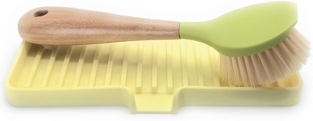 Happitasa Silicone Soap Dish Tray and Sponge Holder with Drain Chute | Bathroom and Kitchen Sink Organizer Caddy (Pale Yellow, 9"x3.5", 5.6 Ounces)