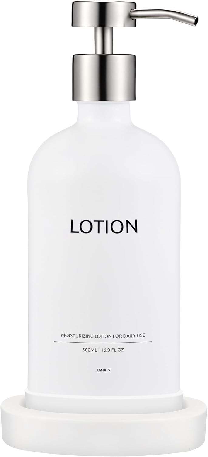 Glass Soap Dispenser Set by Janxin,Bathroom Soap Dispenser Set with Ceramic Tray,Luxury Bathroom Accessories,Modern Kitchen Decor (White+Silver(Lotion))