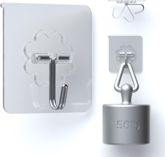 DDMY 24 Packs Hooks for Hanging 50lb Wall Hooks Transparent Reusable Waterproof Adhesive Hook for Kitchen Curtain, Towel Hook for Bathrooms, Heavy Duty Self Coat Hook for Walls No Damage