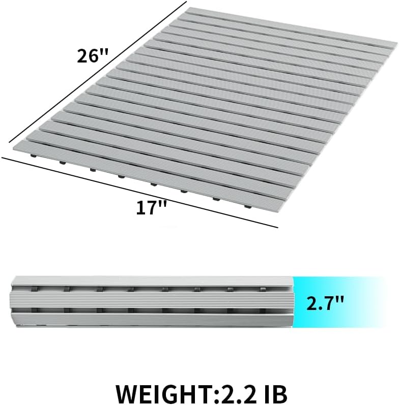 PADOOR Shower-Mat Non Slip, Heavy Duty Bathtub-Mat Curlable Quick Drain Sturdy Bath Tub Mat Without Suction Cups for Indoor Outdoor Use 17x26 Inch Grey