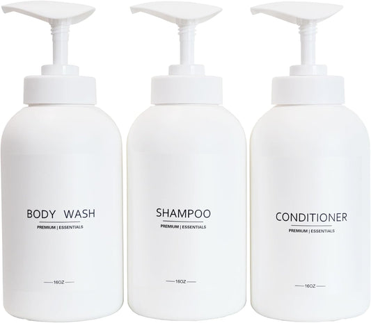 Frosted Pearl White Shampoo and Conditioner Bottles, Refillable Apothecary Dispenser Pump for Shampoo, Sanitizer, Lotion, Oil, Shower Soap, Hand Soap, Dish Soap (3, 500ml)
