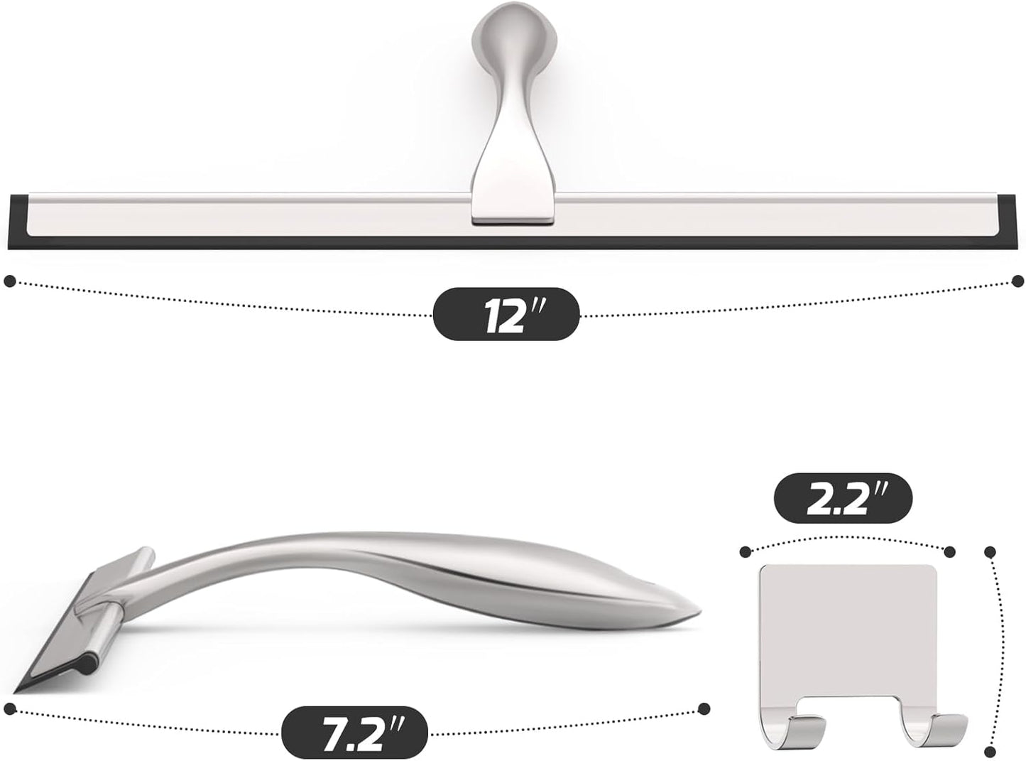 All-Purpose Stainless Steel Shower Squeegee for Glass Doors with Adhesive Hooks, Squeegee for Shower Glass, Bathroom Household Cleaner Tool for Window Mirror Tile Wall Car, 12 inch, Silver