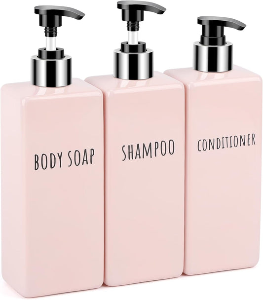 Segbeauty 16.9oz Shower Bottles Refillable, 3 Pack of Shampoo and Conditioner Bottles for Bathroom, 500ml Plastic Square Soap Dispenser Set Lotion Dispenser Empty Press Pump Bottle Pink