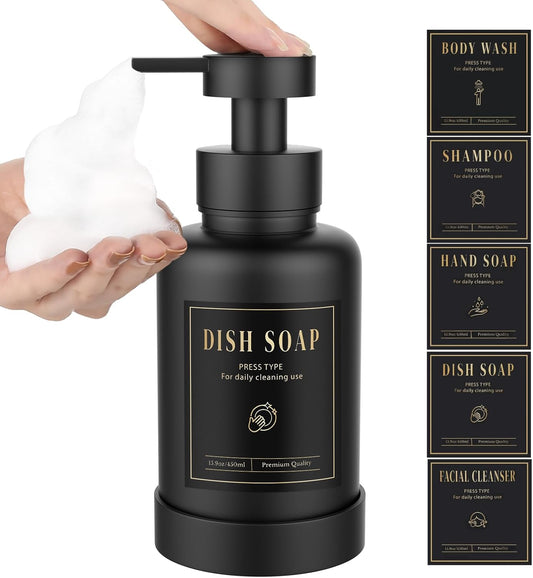 Luxspire Foaming Soap Dispenser, Glass Foam Pump Soap Dispenser, Non-Slip Hand Soap Dispenser with 5 Waterproof Labels, 15 Oz Refillable Liquid Soap Dispenser for Bathroom & Kitchen, Black, 1 Pack