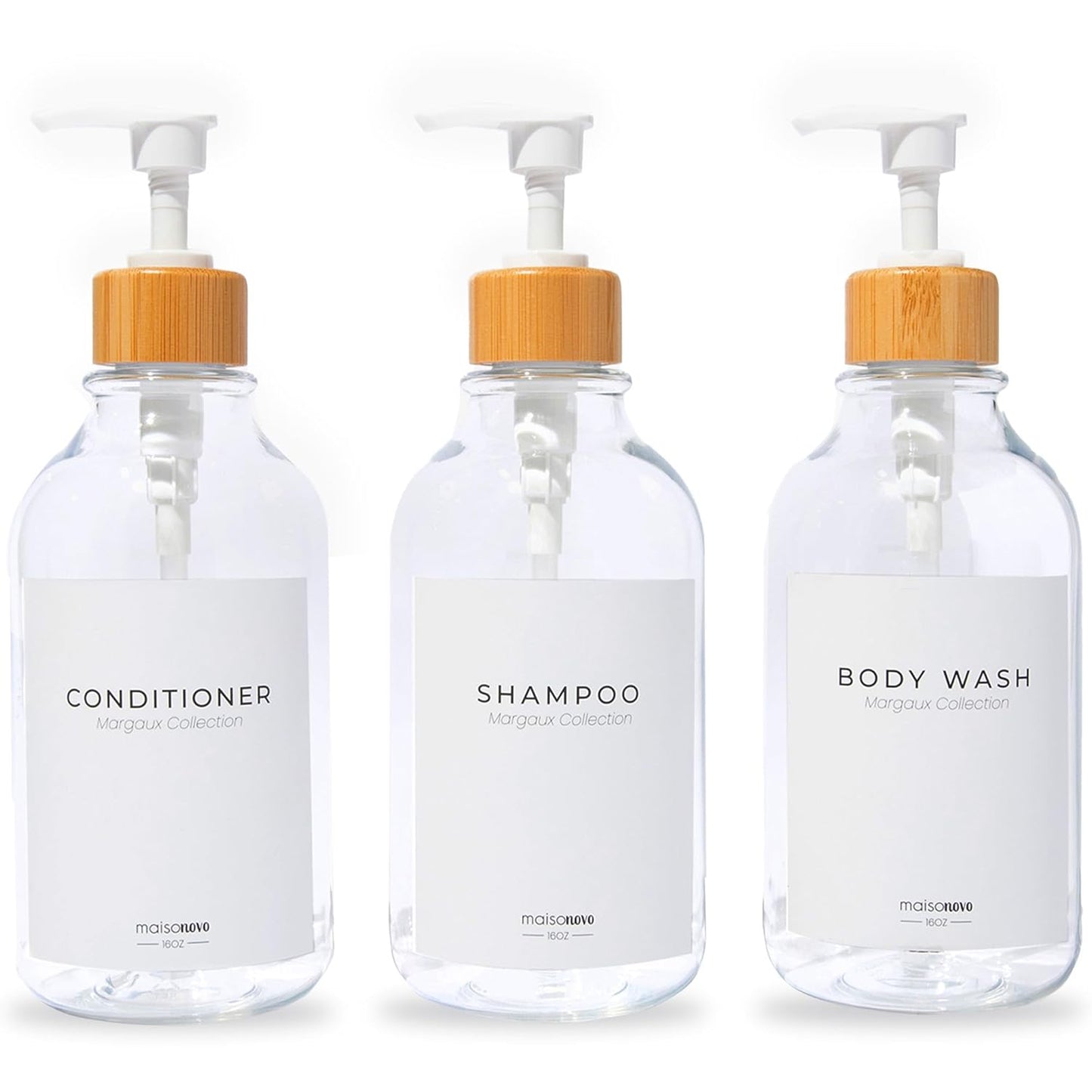 MaisoNovo Refillable Shampoo and Conditioner Bottles | 16.9 fl oz Set of 3 Clear Plastic Bottles White Bamboo Pumps