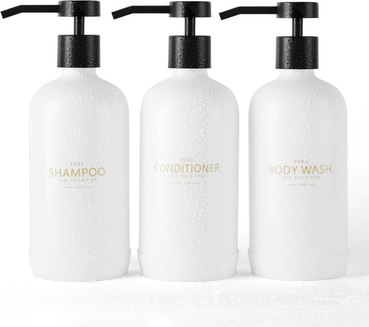 Shampoo and Conditioner Dispenser Set of 3,Refillable 21oz Shampoo Bottles with Non-Slip Protective Silicone Pad,Shower Soap Dispenser with Waterproof Labels for Bathroom (White)
