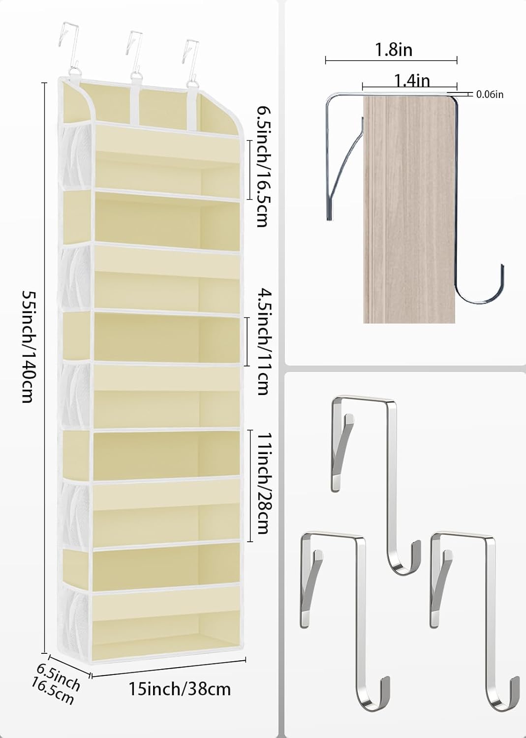 1 Pack Over The Door Storage Organizer with 5 Pockets 10 Mesh Pockets, 44 lbs Weight Capacity Door Hanging Organizers and Storage for Bedroom,Bathroom,Nursery,Kidroom,Babyroom