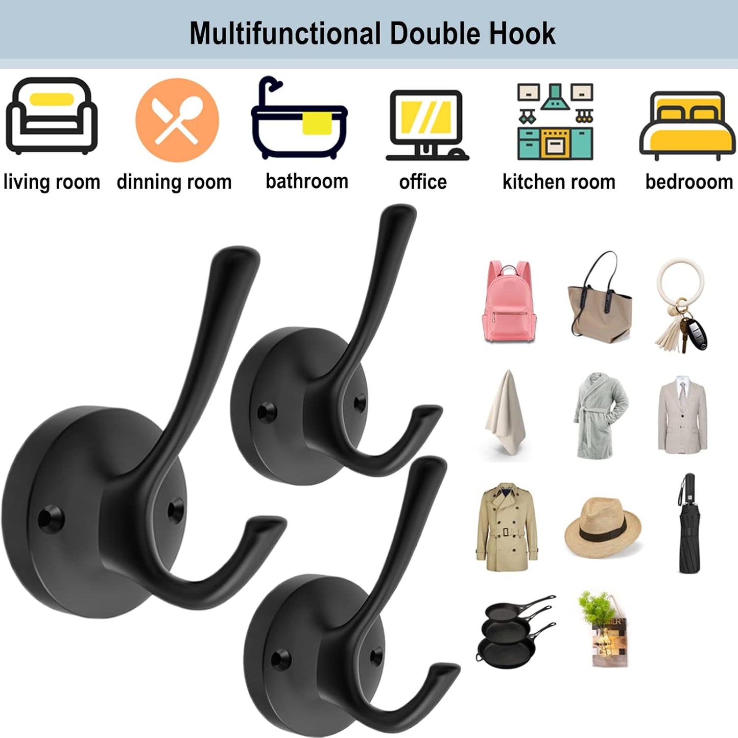 Black Wall Hooks, 6 Pack Coat Towel Hook Heavy Duty Metal Double Bath Robe Hook Wall Mounted, Hat Hooks for Cubicle Bathroom Kitchen Closet Garage