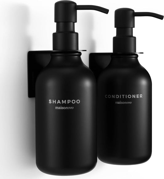 MaisoNovo Shampoo and Conditioner Dispenser - Shower Soap Dispenser Wall Mounted - 16.9 fl oz Set of 2 Black Plastic Bottles Black Pumps - 2 Chamber No Drill