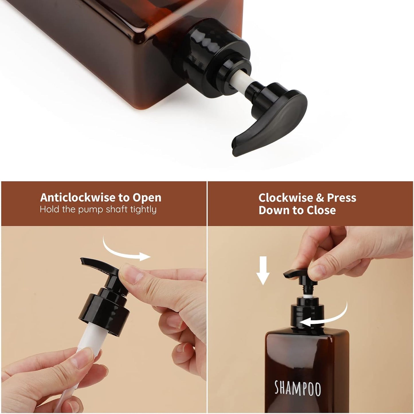 Segbeauty 16.9oz Lotion Dispenser, 3pcs Refillable Square Shampoo Bottles with Pump, 500ml Empty Plastic Bathroom Shower Bottles Liquid Soap Container Body Wash Dispenser for Home Hotel Travel Amber