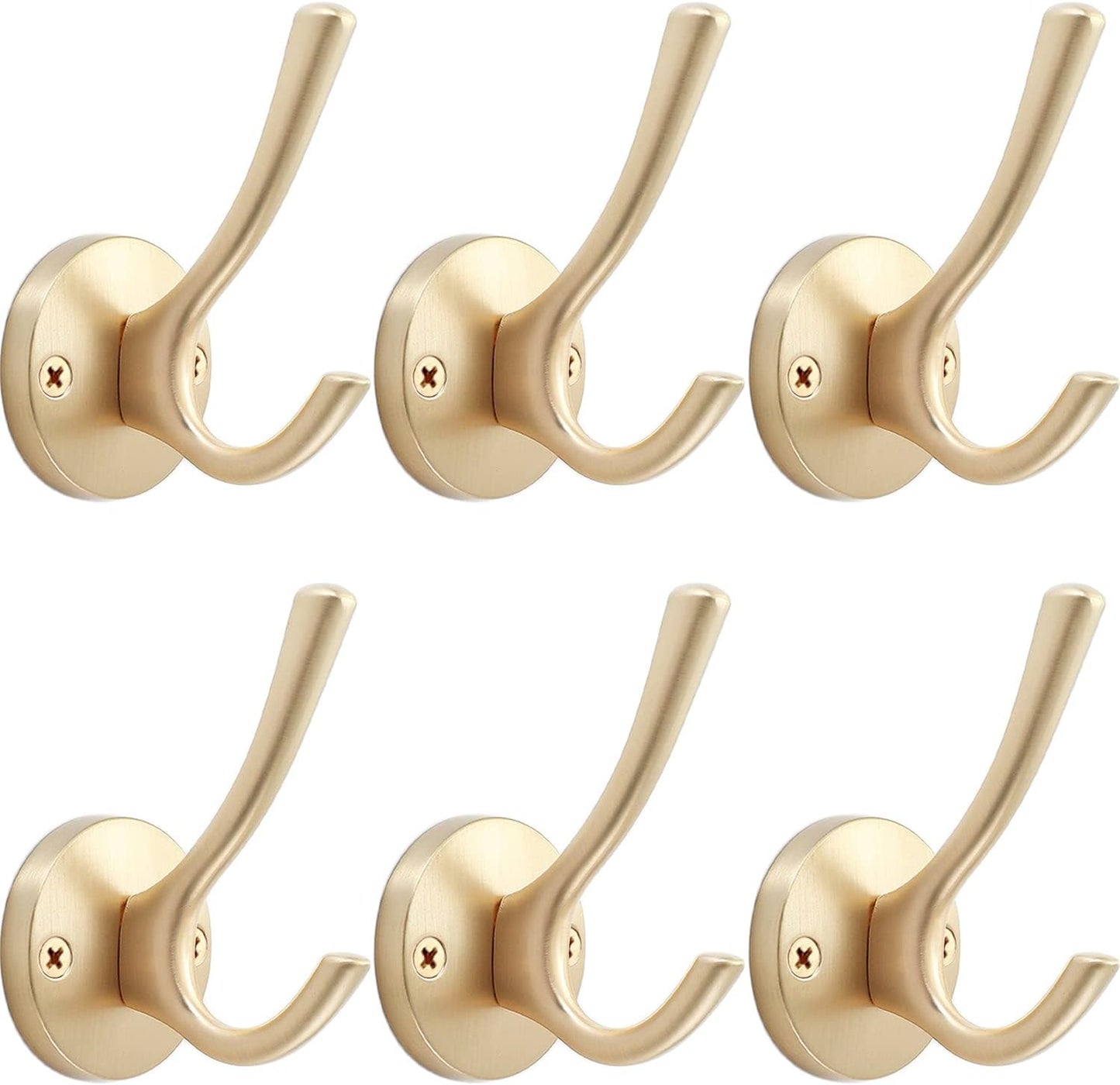 Gold Wall Hooks, 6 Pack Coat Robe Hook Heavy Duty Metal Double Bath Hook Wall Mounted, Hand Towel Hooks for Cubicle Bathroom Kitchen Closet Garage