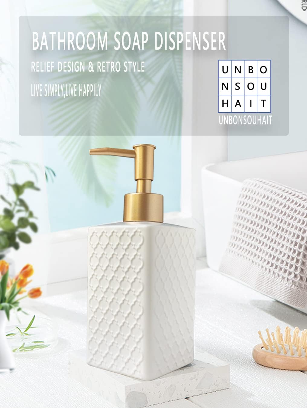 Gold Soap Dispenser for Bathroom,Retro White Square Lotion Dispenser, Refillable Countertop Ceramic Hand Soap Dispenser,Dish Soap Dispenser for Kitchen 350ml(Relief White Square Bottle)