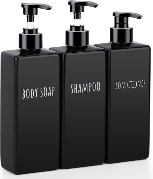 Segbeauty Plastic Square Soap Dispenser Black, 3pcs 16.9oz Refillable Shampoo and Conditioner Bottles, 500ml Empty Reusable Pump Bottle Bathroom Shower Dispenser Set for Body Wash Liquid Gel Lotion