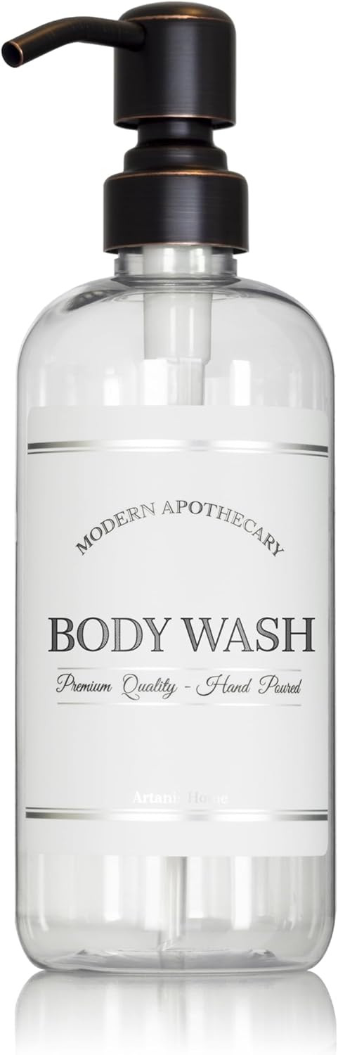 Refillable Clear PET Plastic 16 oz Body Wash Bottle with Oil Rubbed Bronze Pump Dispenser - Chrome Accent Waterproof Labeled Bottle