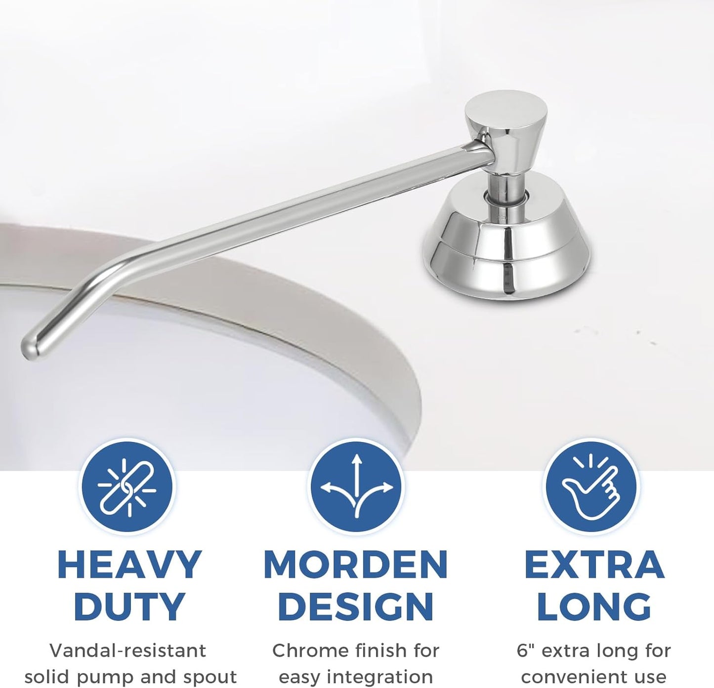 Heavy Duty Brass Countertop Liquid Soap Dispenser, Commercial Grade Top Fill Built-in Soap Dispenser with 34 oz/ 1L Bottle for Bathroom, Kitchen, Public Restroom, Chrome Finish, 6” Spout