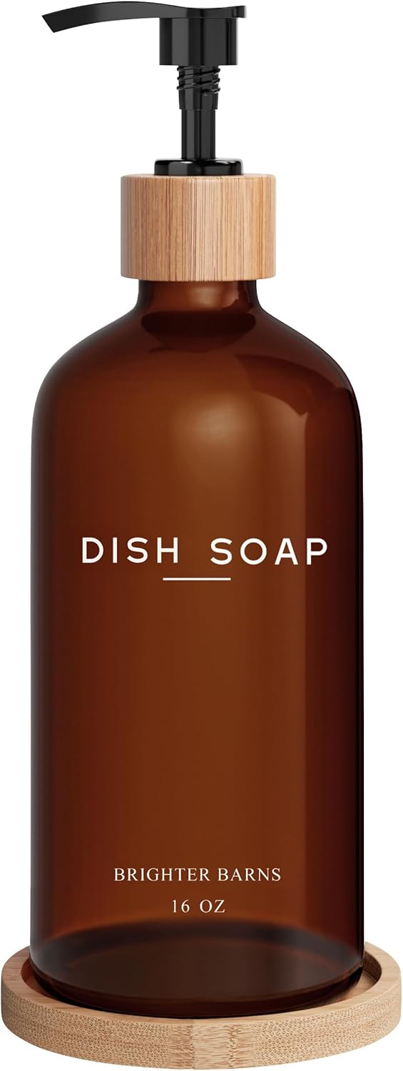 Amber Glass Dish Soap Dispenser for Kitchen Sink by Brighter Barns - Kitchen Soap Dispenser Set with Tray - Glass Bottle with Pump for Liquid - Boho Home Decor and Accessories for Restaurant (Amber)