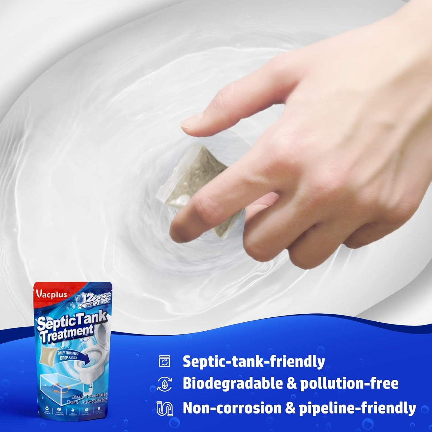 Vacplus Septic Tank Treatment 12 Pcs for 1-Year Supply, Dissolvable Packs with Easy Operation, Durable Biodegradable Enzymes for Wastes, Greases & Odors, Brown, 3x Efficiency