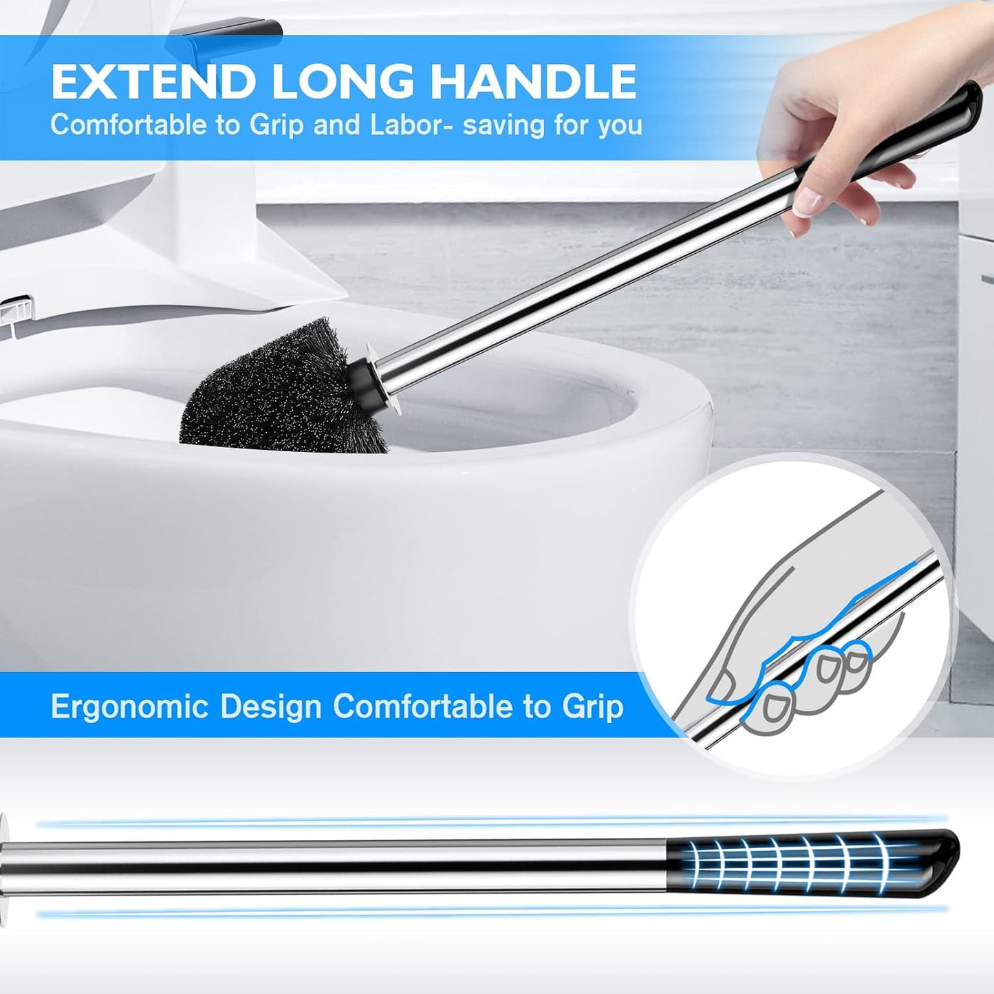 Toilet Brush and Holder 2 Pack, 304 Stainless Steel Toilet Brush with Extended and Durable Comfortable Brush Handle, Toilet Bowl Brush for Bathroom Toilet - Ergonomic, Pratical Durable (Black)