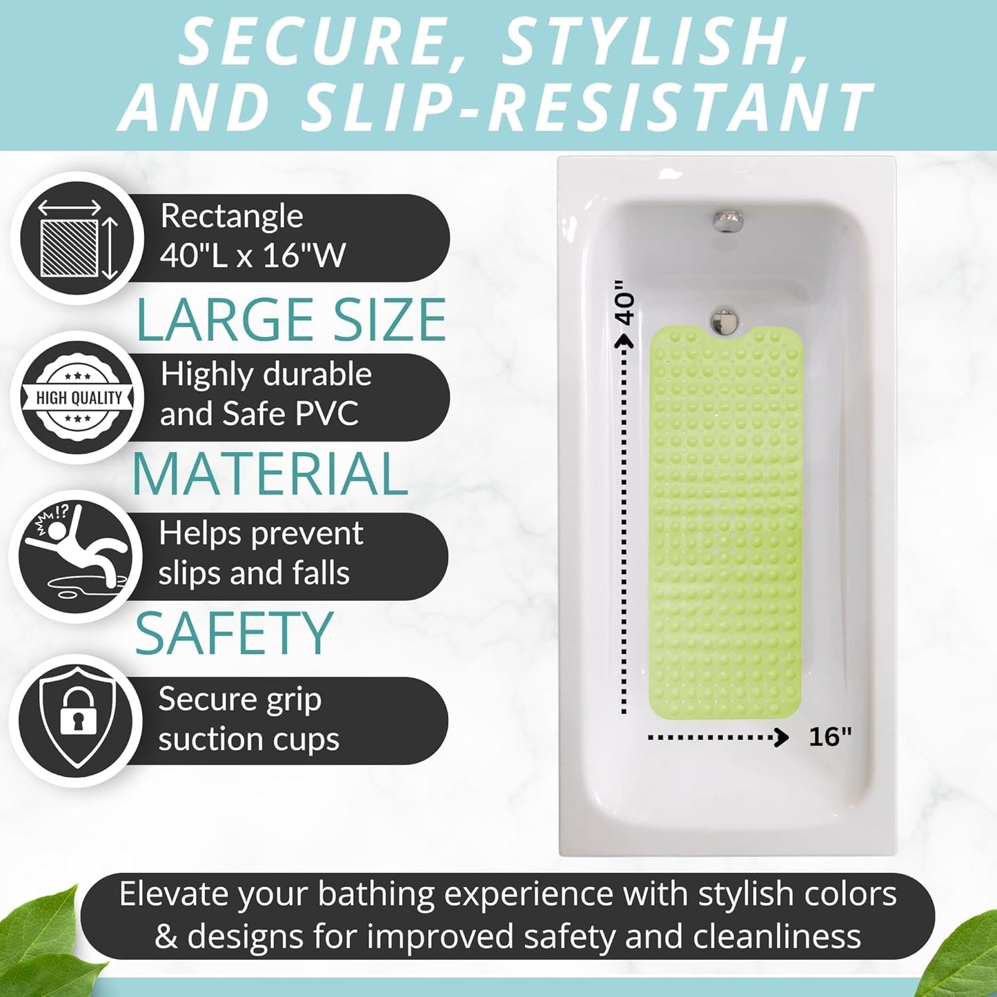 ENKOSI Bath Mat - Large Non Slip Bathtub & Shower Mat - Extra Long 40 x 16 Inch Bathroom Mats for Tub Nonslip Anti Slip Bathmats (40x16 Green)