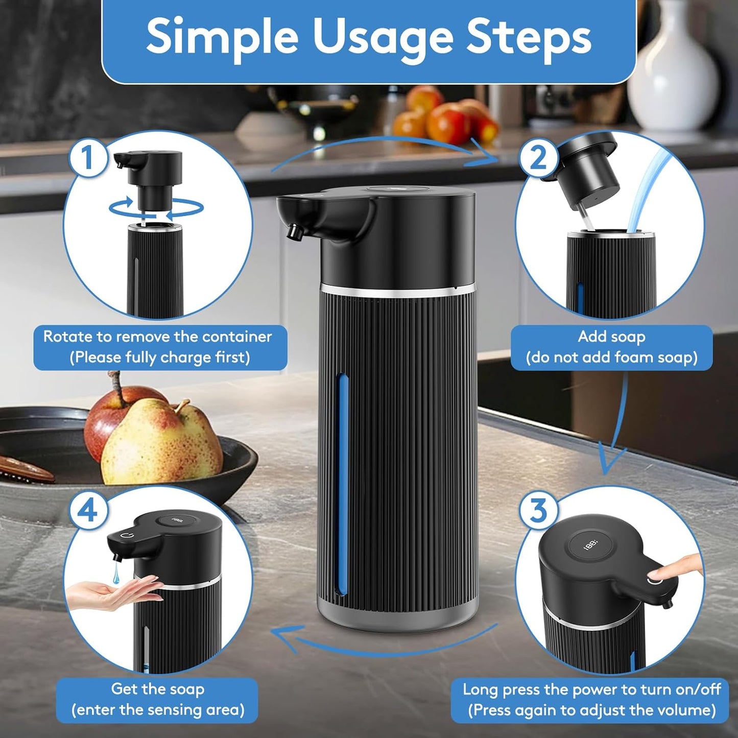 Automatic Soap Dispenser Touchless, 14.2oz/420ml Dish Hand Soap Dispenser for Kitchen Bathroom, Adjustable Volume for Thick & Thin Liquid, USB C Rechargeable, Clog-Free, Black