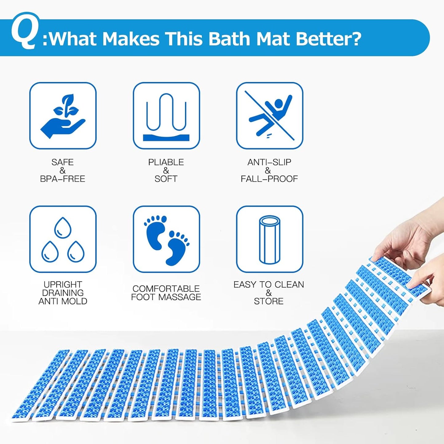 Matace Non Slip Rubber Bathtub & Shower Mat with Suction Cups, Thick Textured Surface, Fast Drain and Upright Drying Design, No Pooling Water for Better Hygiene, 27 x 16 Inch, Navy Blue