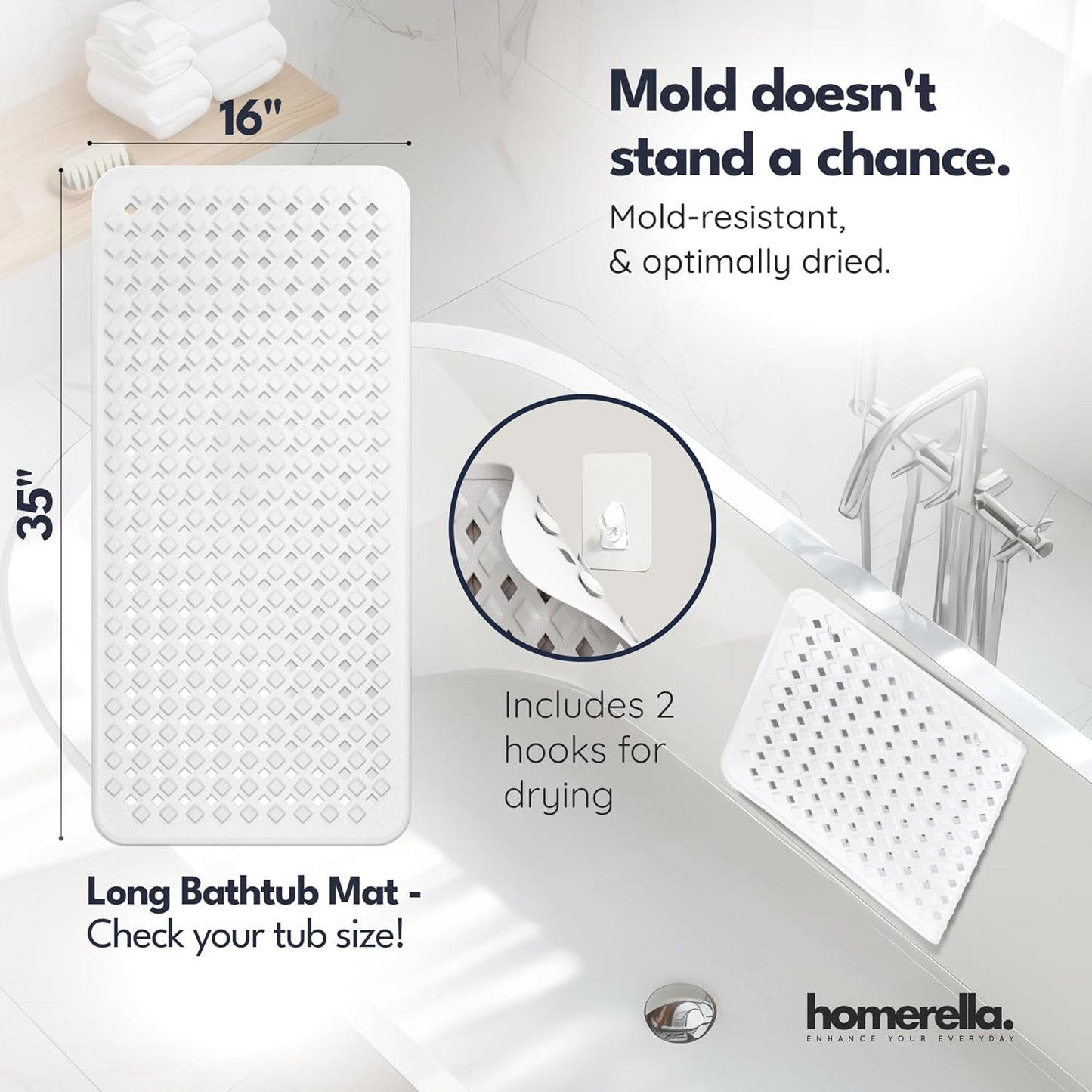 homerella® Bathtub Mat Non Slip 35x16, Incl. Hooks for Drying, Extra Long, 100% BPA Free, Shower Mat Non Slip Anti Mold, Machine Washable, Shower Mats for Inside Shower Mildew Resistant