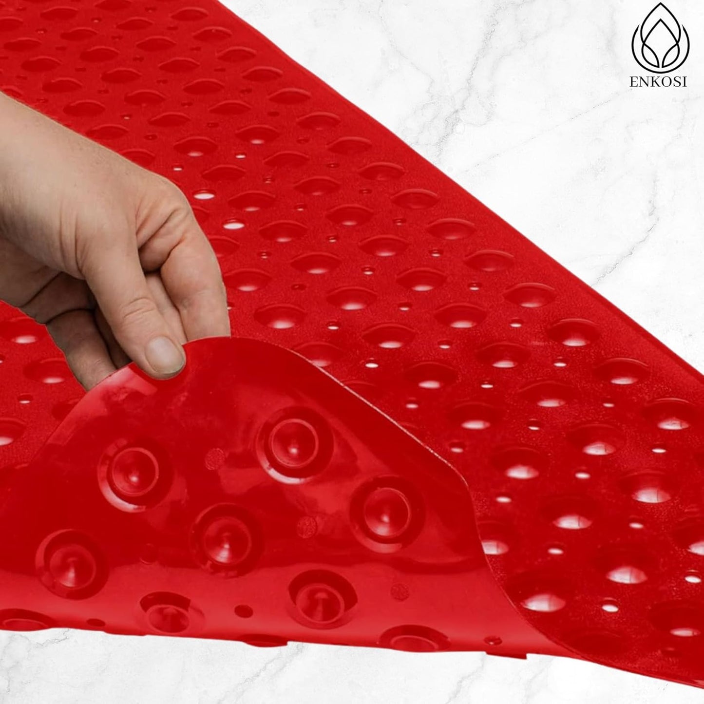 ENKOSI Non-Slip Bath Mat – Extra Long 40 x 16 Bathtub Shower Mat – Anti Slip Safe PVC Bathroom Tub Mat with Suction Cups & Drain Holes for Safety and Decor (40x16 Red)