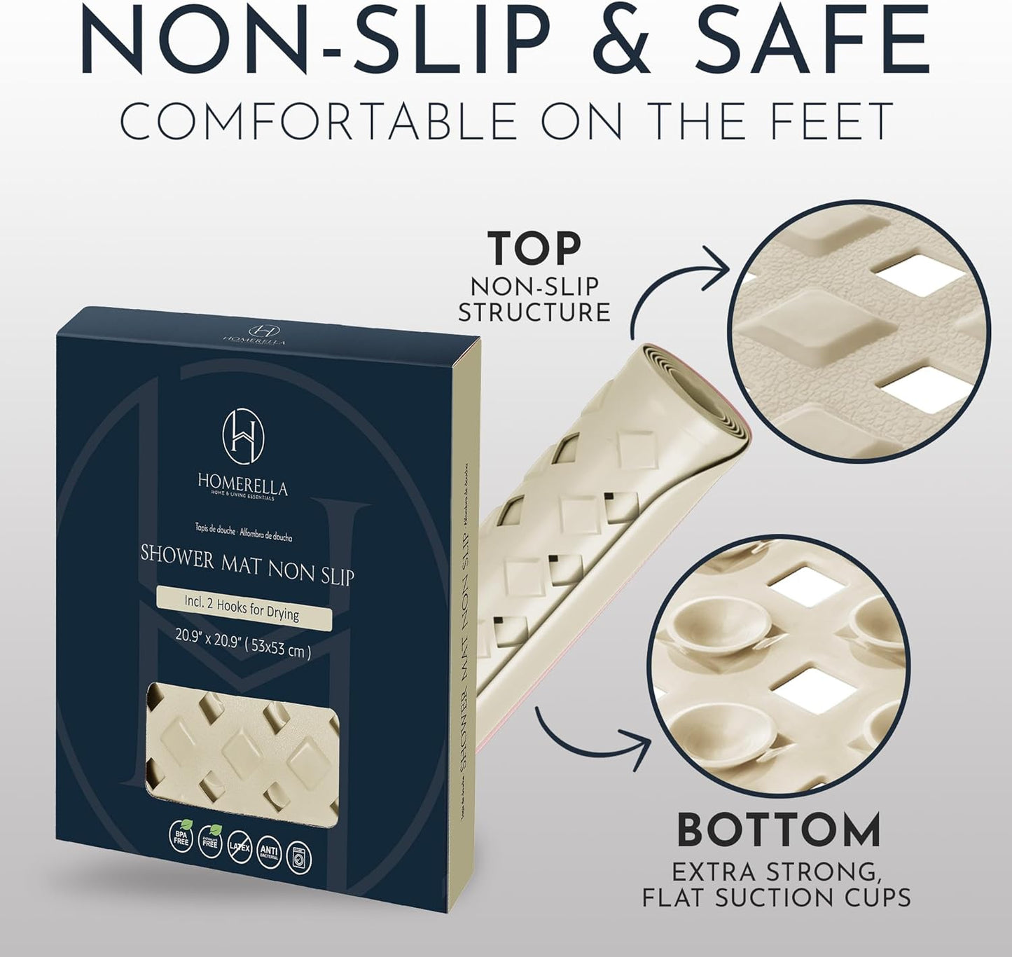 Homerella Anti Slip Shower Mat | Anti Mold Non Slip Bathtub Mat for Inside Shower | Square Floor Shower Mat 21 x 21 inch with Suction Cups for Grip & Hooks Hanging and Quick Drying | Machine Washable