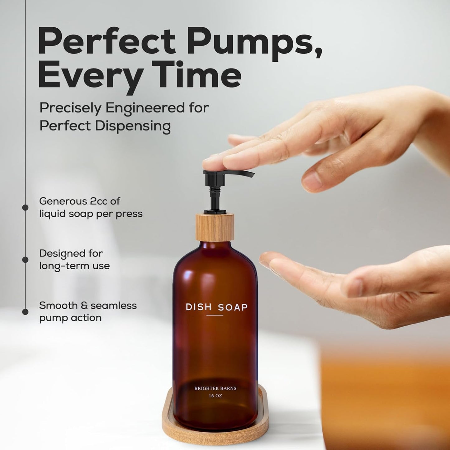 Amber Glass Dish Soap Dispenser for Kitchen Sink by Brighter Barns - Kitchen Soap Dispenser Set with Tray - Glass Bottle with Pump for Liquid - Boho Home Decor and Accessories for Restaurant (Amber)