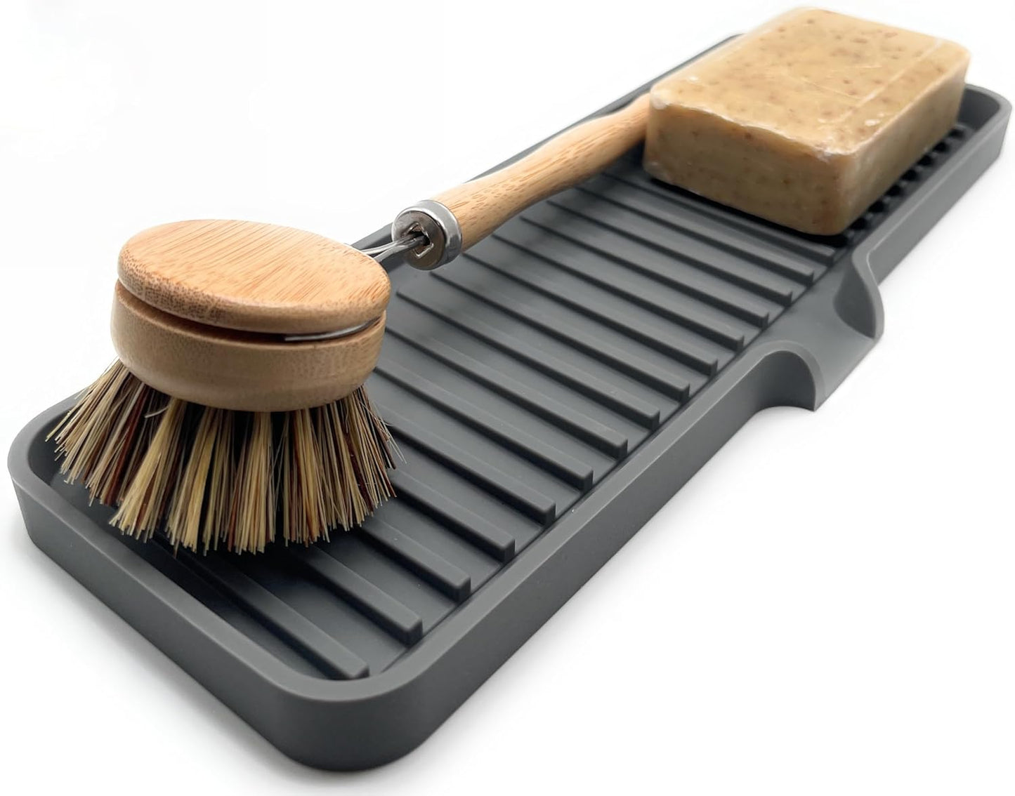 Happitasa Silicone Soap Dish Tray and Sponge Holder with Drain Chute | Bathroom and Kitchen Sink Organizer Caddy (Grey, 12"x4", 7.4 Ounces)