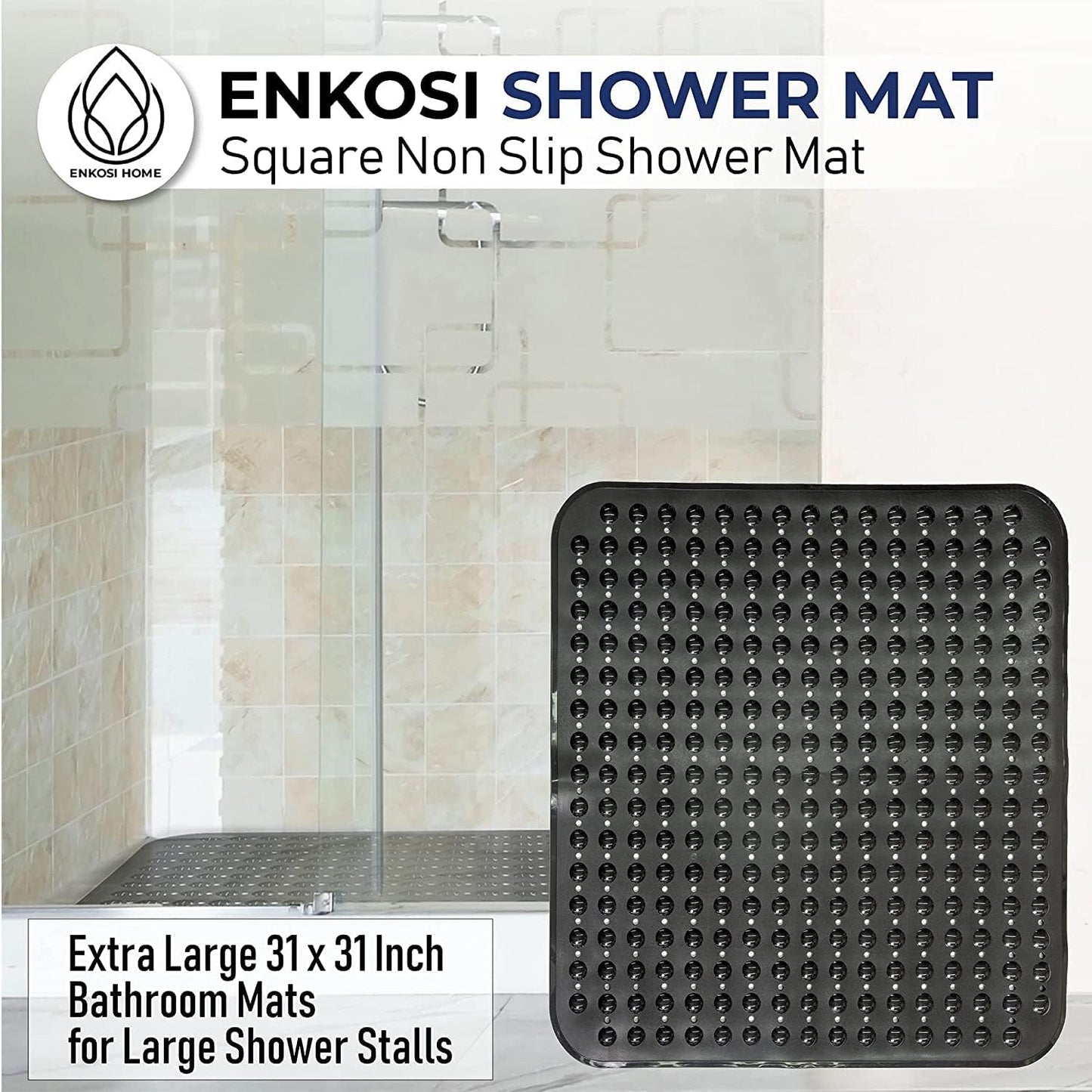 ENKOSI Extra Large Square Non Slip Shower Mat - 31 x 31-inch XL Bathroom Shower Mat - Square Shower Matts for Shower Stall Floors | Secure Suction Cups and Drain Holes (31x31 Light Blue)
