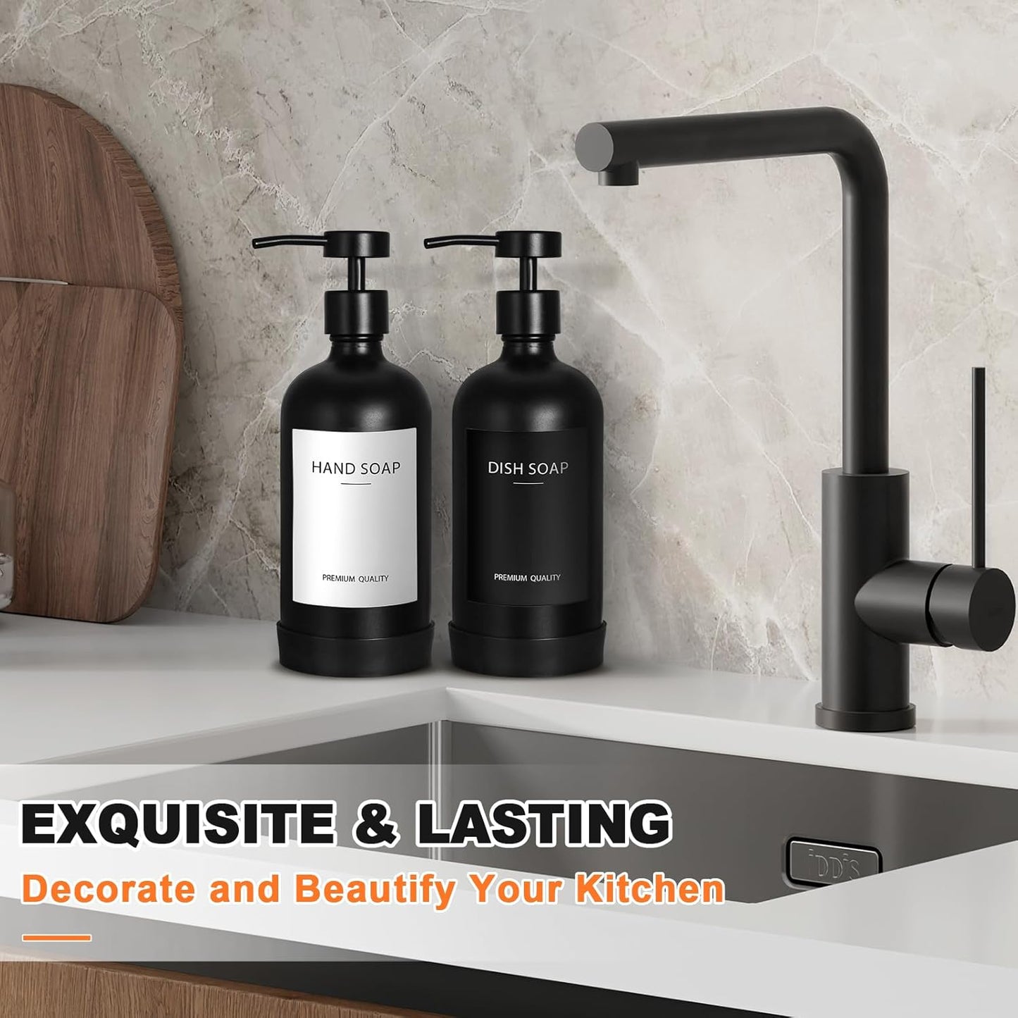 Black Glass Soap Dispenser with Stainless Steel Pump, 16.9 Fl oz Soap Dispenser Set for Kitchen, Matte Black Hand Dish Soap Dispensers for Kitchen and Bathroom, Lotion Dispenser Bathroom Decor