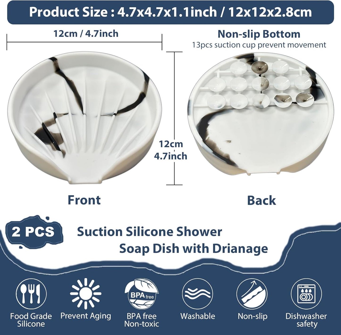 Self Draining Soap Dish, Silicone Suction Cup Soap Holder Tray Savers Container Sponge Holder for Bar Bathroom Shower Kitchen Sink, Can Extend Soap Life (2, White)