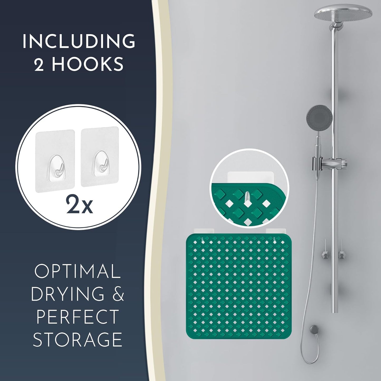 Homerella Anti Slip Shower Mat | Anti Mold Non Slip Bathtub Mat for Inside Shower | Square Floor Shower Mat 21 x 21 inch with Suction Cups for Grip & Hooks Hanging and Quick Drying | Machine Washable