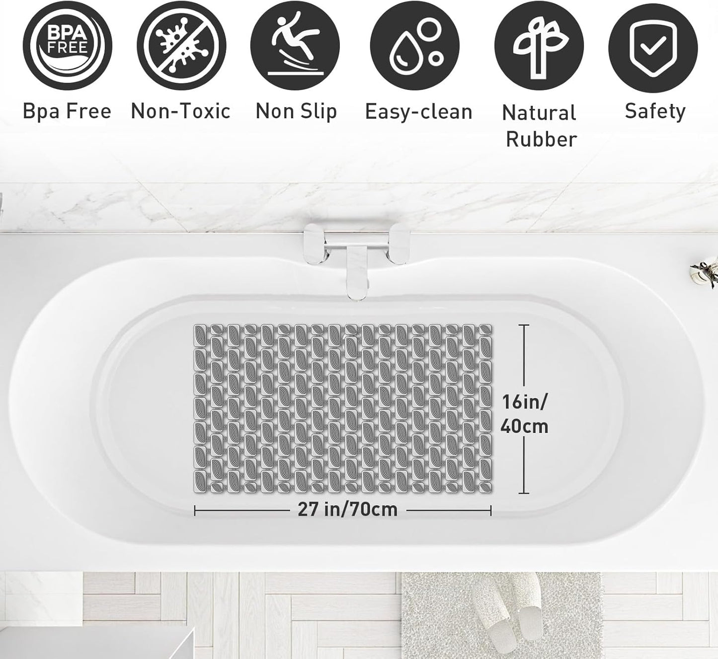 Bath Mat for Tub Non Slip Shower Mat for Elderly - 27 x 16 Inch Soft Durable Bathtub Mat Non Slip Shower Mat for Inside Shower with Suction Cups & Drain Holes, Machine Washable Easy to Cut, Dark Grey