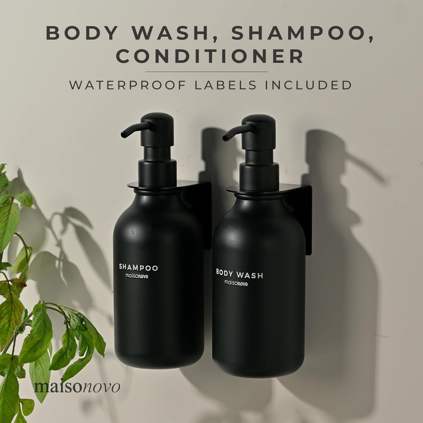 MaisoNovo Shampoo and Conditioner Dispenser - Shower Soap Dispenser Wall Mounted - 16.9 fl oz Set of 1 Black Plastic Bottles Black Pump - 1 Chamber No Drill