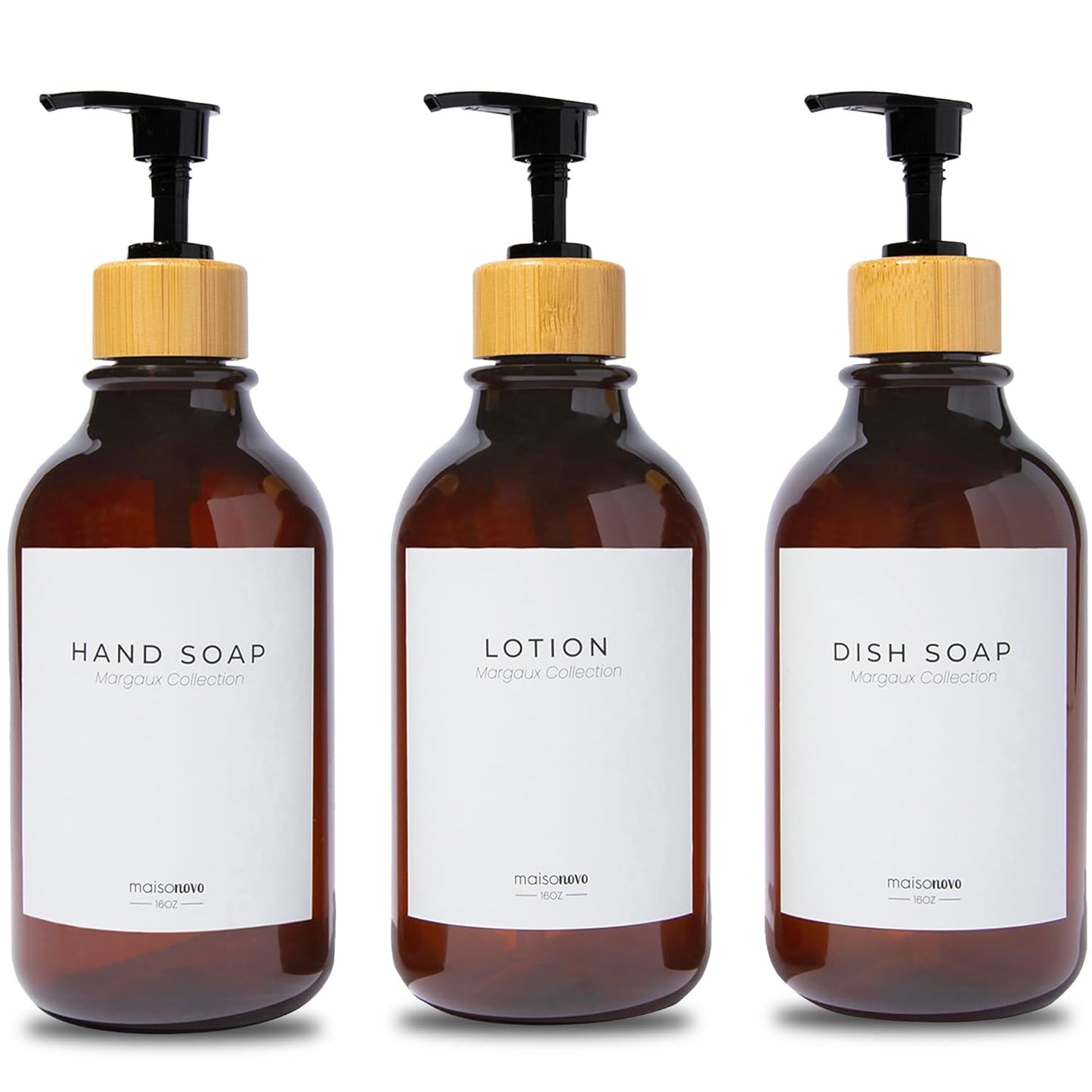 MaisoNovo Refillable Shampoo and Conditioner Bottles | 16.9 fl oz Set of 3 Amber Plastic Bottles Black Bamboo Pumps