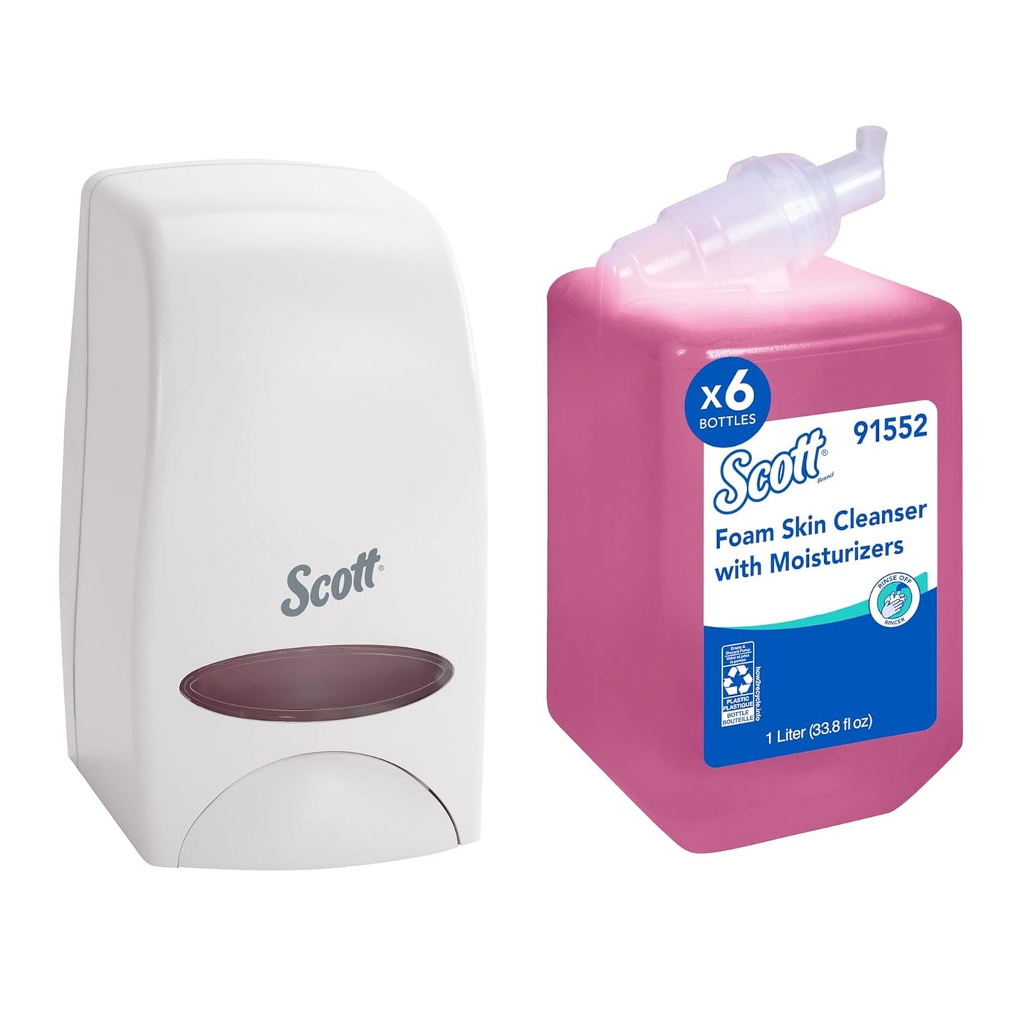 Bundle of Scott® Foam Hand Soap with Moisturizers, 1.0 L Pink, Floral Scent Refills + Scott Essential Manual Skin Care Dispenser, White Starter Kit