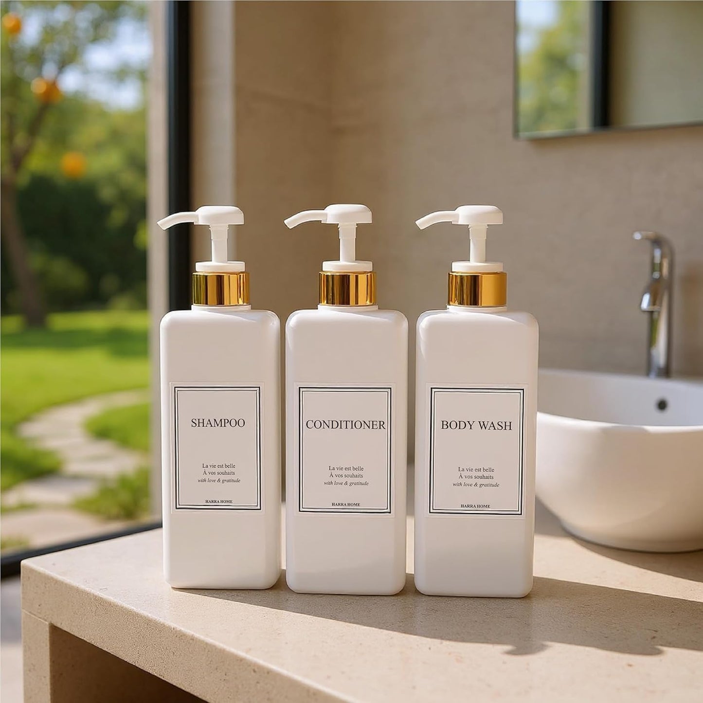 Modern Gold Design Large 27 oz Shampoo and Conditioner Dispensers - Empty Plastic Refillable Pump Bottle Set for Bathroom Shower Soap Dispenser, Set of 3 (White)