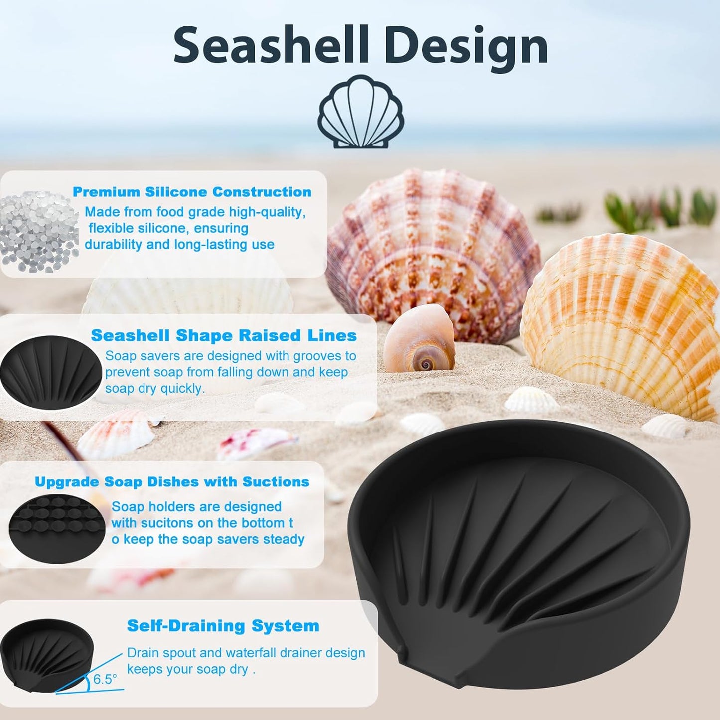 Self Draining Soap Dish, Silicone Suction Cup Soap Holder Tray Savers Container Sponge Holder for Bar Bathroom Shower Kitchen Sink, Can Extend Soap Life (1, Black)