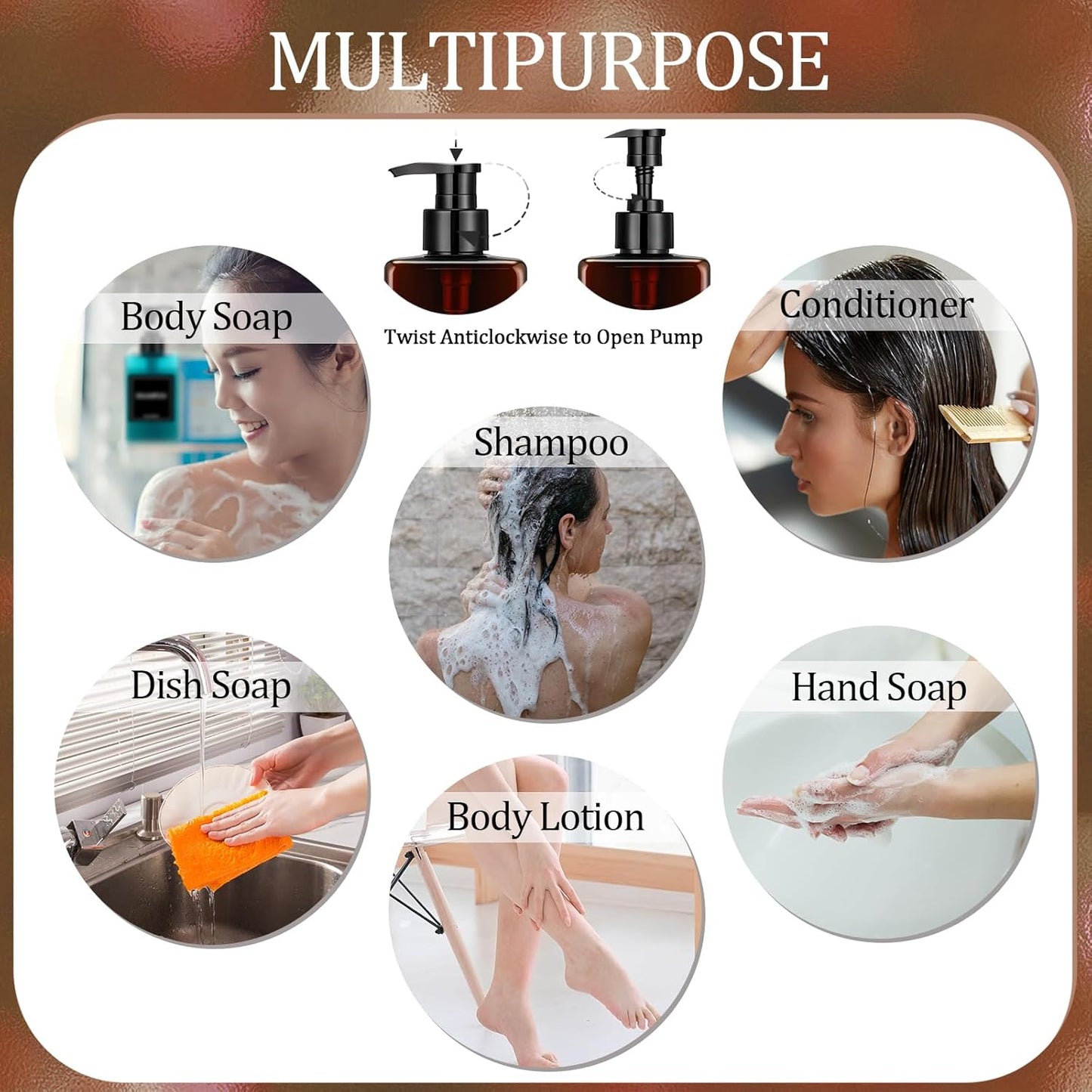 Tanlade 6 Pcs Shampoo and Conditioner Dispenser Bottles 16oz Modern Shower Soap Bottles with Pump, Labels and Marker Pen Easy to Refill Body Wash Dispensers for Home Bathroom Decoration(Brown)