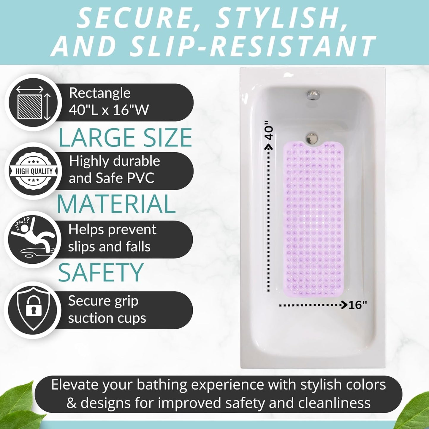 ENKOSI Bath Mat - Large Non Slip Bathtub & Shower Mat - Extra Long 40 x 16 Inch Bathroom Mats for Tub Nonslip Anti Slip Bathmats (40x16 Clear Purple 1-Pack)