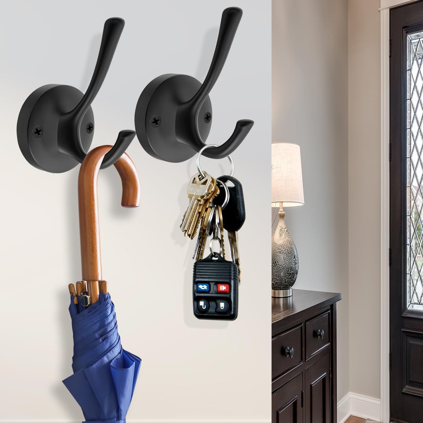 Black Towel Hooks, 2 Pack Coat Robe Hook Heavy Duty Metal Double Bathrobe Hook Wall Mounted, Hand Towels Hooks for Cubicle Bathroom Kitchen Closet Garage